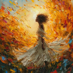 Golden Light, Embracing Hope: A woman in a flowing white dress stands amidst a field of vibrant flowers, bathed in the warm glow of the setting sun. The sun's rays create a radiant halo around her, sy