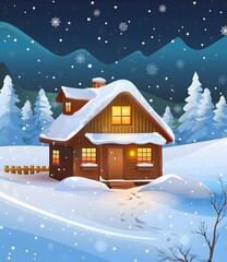 Poster - Snowy Night with Cabin in Mountains