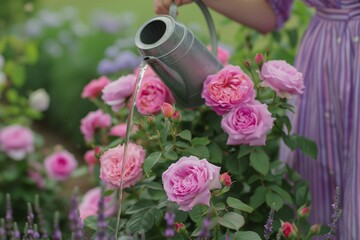 Wall Mural - Woman Watering Blooming Pink Roses in Lush Garden During Bright Daylight