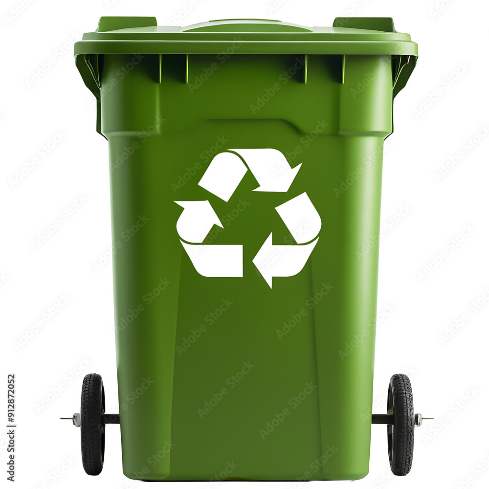 A green recycling bin with a white recycling symbol, ideal for ...