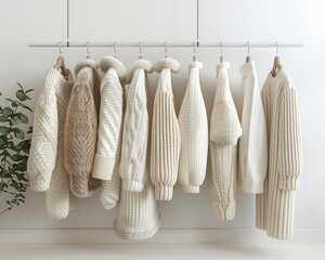 A stylish collection of cozy knit sweaters hanging elegantly, showcasing neutral tones and textures for winter fashion inspiration.