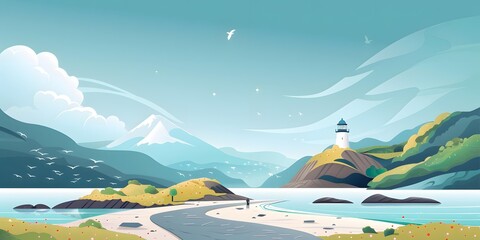 Canvas Print - Lighthouse Landscape Illustration With Mountains, Beach And A Person