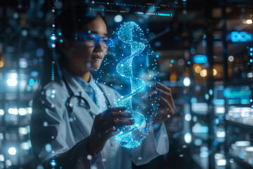 Poster - Medicine doctor holding blue helix DNA structure on hologram modern virtual screen interface and diagnose healthcare on digital network