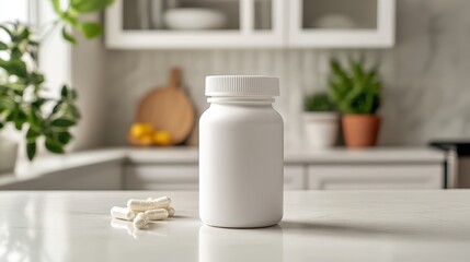 a white supplement bottle on a kitchen counter