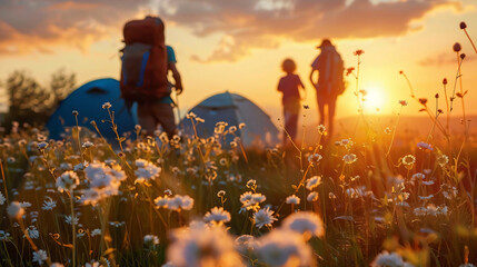 Wall Mural - Camping at Sunset with Silhouettes.