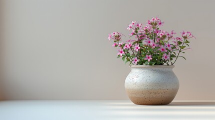 Canvas Print - Beautiful Pink Flowers in a Clay Pot on a Wooden Table Against a Light Wall Background