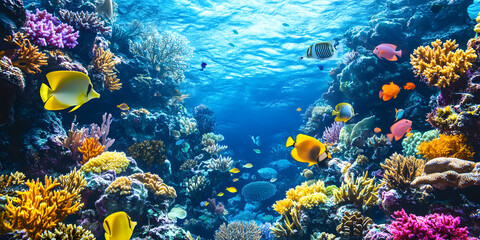 Colorful coral reef bustling with fish