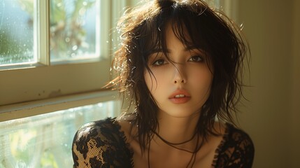 Wall Mural - Young Woman With Tousled Hair Sitting by Sunlit Window in a Cozy Room