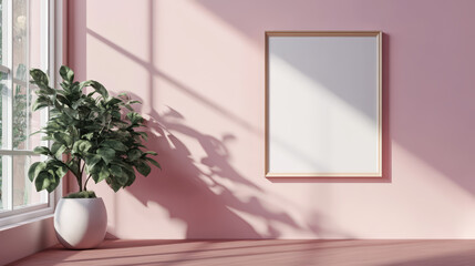 Wall Mural - A white framed picture hangs on a pink wall