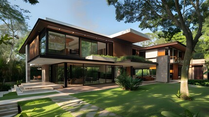 Modern House with Large Windows and Green Garden