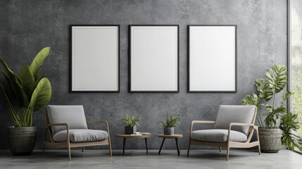 A living room with three white framed pictures on the wall and two chairs