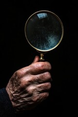 Hand holding magnifying glass on black background 