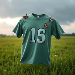 t-shirt floating displaying high quality resolution football logo design on the chest, positioned on a grassy field background