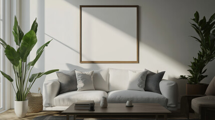 A white couch sits in front of a large empty frame