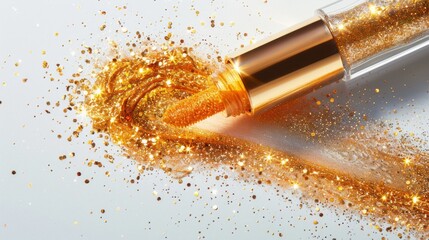 shimmering golden glitter flows from a makeup applicator, creating a vibrant and dazzling effect per