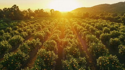 a field of oranges with the sun setting in the background