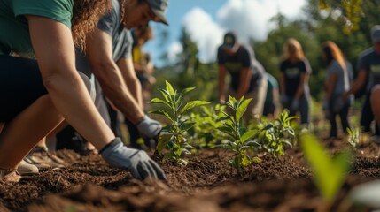 Volunteers are planting young trees together in a forested area, working collaboratively under a clear blue sky on a community service day.