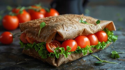 Poster - A sandwich with lettuce and tomatoes on top of a brown paper bag