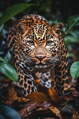 Poster - a leopard walking through a forest filled with leaves