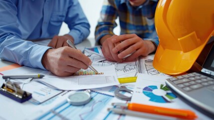 Wall Mural - generate a photo realistic image of a construction project team conducting an analysis of project bu