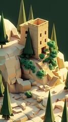 Canvas Print - Low Poly Illustration of a Building on a Cliff