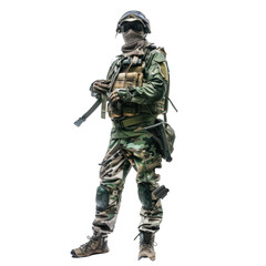 Wall Mural - Soldier wearing camouflage is holding gun magazine on white background