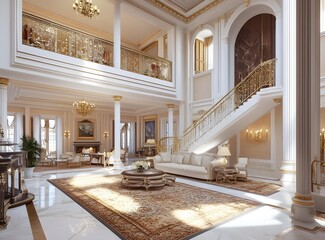 Canvas Print - Luxury Living Room Interior Design with Grand Staircase