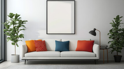 A white couch with orange and blue pillows sits in front of a blank wall