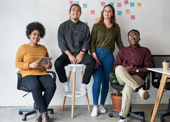 Poster - Portrait, smile and business people in modern office, creative agency and diversity with cooperation. Face, group and employees for collaboration, teamwork and brainstorming with ideas and tablet