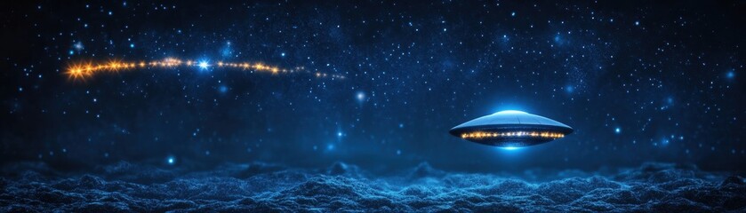  Artistic banner with UFO stars dark blue background 