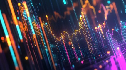 Fototapete - Colorful abstract 3D financial graph with intersecting shapes and glowing data points.