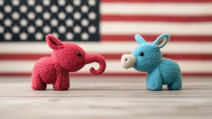 Dramatic face-off between a red elephant and a blue donkey, symbolizing the clash of conservative and liberal values, against a backdrop of the American flag