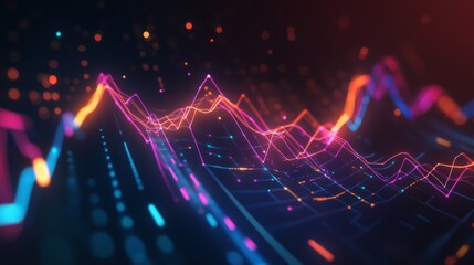 Fototapete - Colorful abstract 3D financial graph with intersecting lines and bars against a dark backdrop.