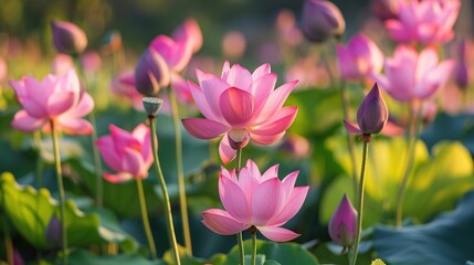 Poster - Pink Lotus Flowers in a Field