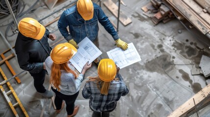 Wall Mural - Generate a photo realistic image of a construction project team discussing expense planning strategies, with detailed financial charts and planning documents