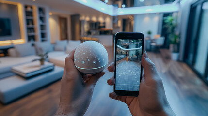 Sticker - High-tech smart home security system featuring IoT cameras and sensors, sending alerts to the homeowner's smartphone app for unusual activity detection.