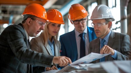 Wall Mural - Generate a photo realistic image of a construction project team reviewing financial allocations, with detailed budgeting charts and allocation plans; ensure the image is of high resolution