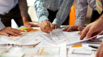 Wall Mural - generate a photo realistic image of a construction project team in a strategy session discussing bud