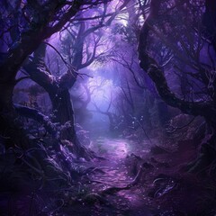 Sticker - a path in a dark forest with a purple light