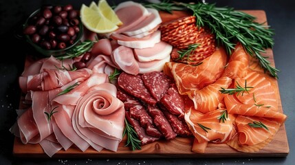 Wall Mural -   A wooden cutting board with an array of meats, veggies, a lemon slice, and a lemon wedge