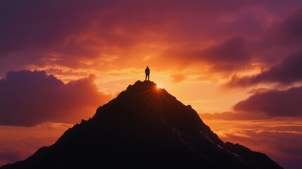 Wall Mural - a person standing on top of a mountain at sunset