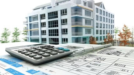 Generate a photo realistic image of a construction project with a detailed expense forecast showing financial charts and budget allocations; ensure the image is of high resolution for clear