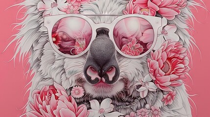 Wall Mural -   A painting of a dog wearing sunglasses and holding flowers in its mouth against a pink backdrop