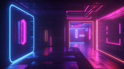 Aufkleber - Dark room with black walls, highlighted by vibrant neon lights in a 3D rendered scene.