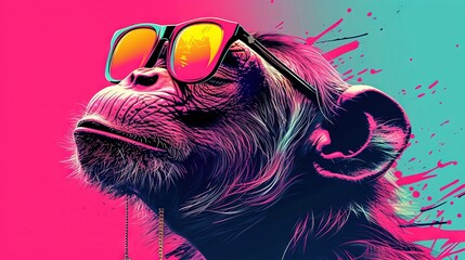 Wall Mural -   A close-up of a monkey wearing sunglasses on its head against a backdrop of paint splatters