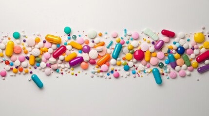 Diverse mix of colorful pills cascading onto a light grey backdrop, forming a vibrant and visually striking scene.