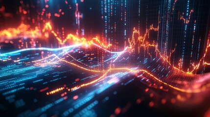 Leinwandbilder - Dynamic 3D financial graph with abstract elements and glowing data lines.