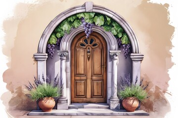 Watercolor stone arch with vintage forged gates in blooming summer garden isolated on white background. Hand drawn illustration sketch
