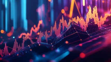 Leinwandbilder - Dynamic 3D financial graph with abstract geometric shapes representing data trends.