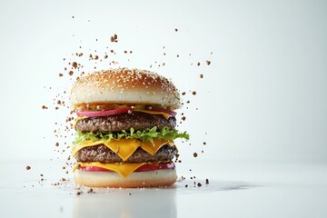 Delicious cheeseburger with multiple layers, fresh ingredients, and sesame seed bun, isolated on white background with crumbs flying.